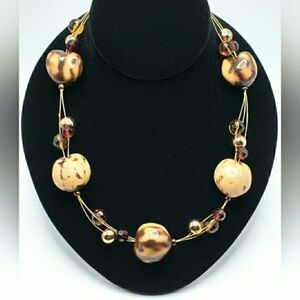 Hawaiian Kukui Nut Circle Necklace Amber Dark Brown Gold Beads Hawaii MN66